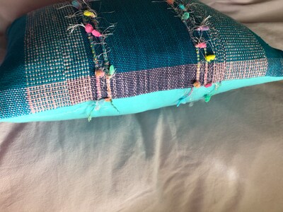 Handwoven Cushions, all Natural Cotton with delicate frills. Turquoise, pins and lavender. Approximately 12x18” - image6
